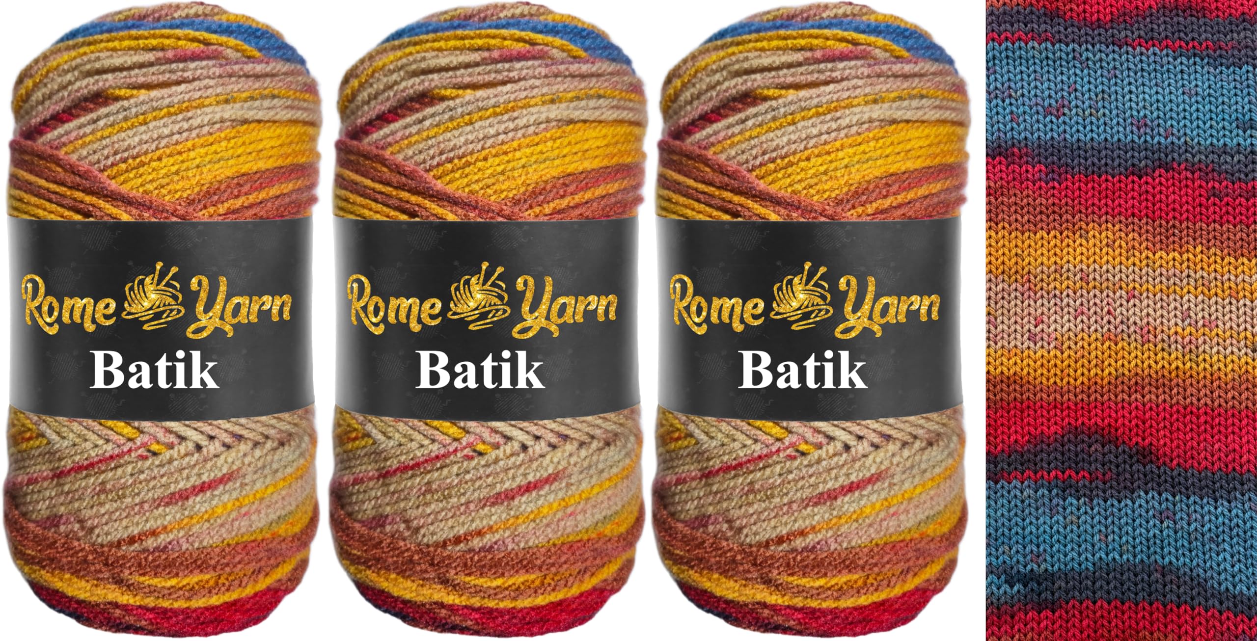 Rome Yarn Batik Knitting Yarn 3 × 100 g Pack - 100% Acrylic Aran Weight (#4 Medium), Self-Patterning Multicolour Yarn for Knitting and Crochet (5137)