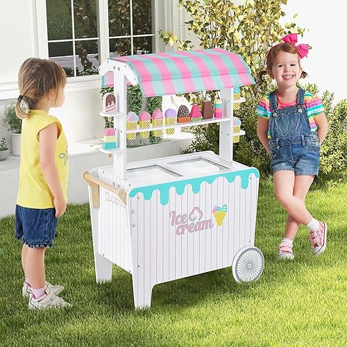 Miniatura 2 de FUTADA Carrito de helado de madera para niños, juguete de tronco de comida con 12 piezas de accesorios de juego, estante de exhibición,