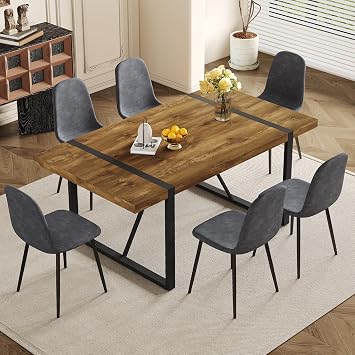 Rustic 7 Piece Dining Room Table Set for 6 People, Mid Century Modern 71 Inch Rectangle Wood Kitchen Dining Table with 6 Fabric Chairs Set, Suitable for Kitchen Dining Room Apartment