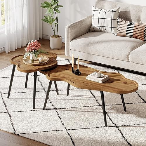 Miniatura 3 de Juego de 2 mesas de centro anidables, mesas de centro de madera maciza con mesa de nube, mesas decorativas apilables con pies antideslizantes