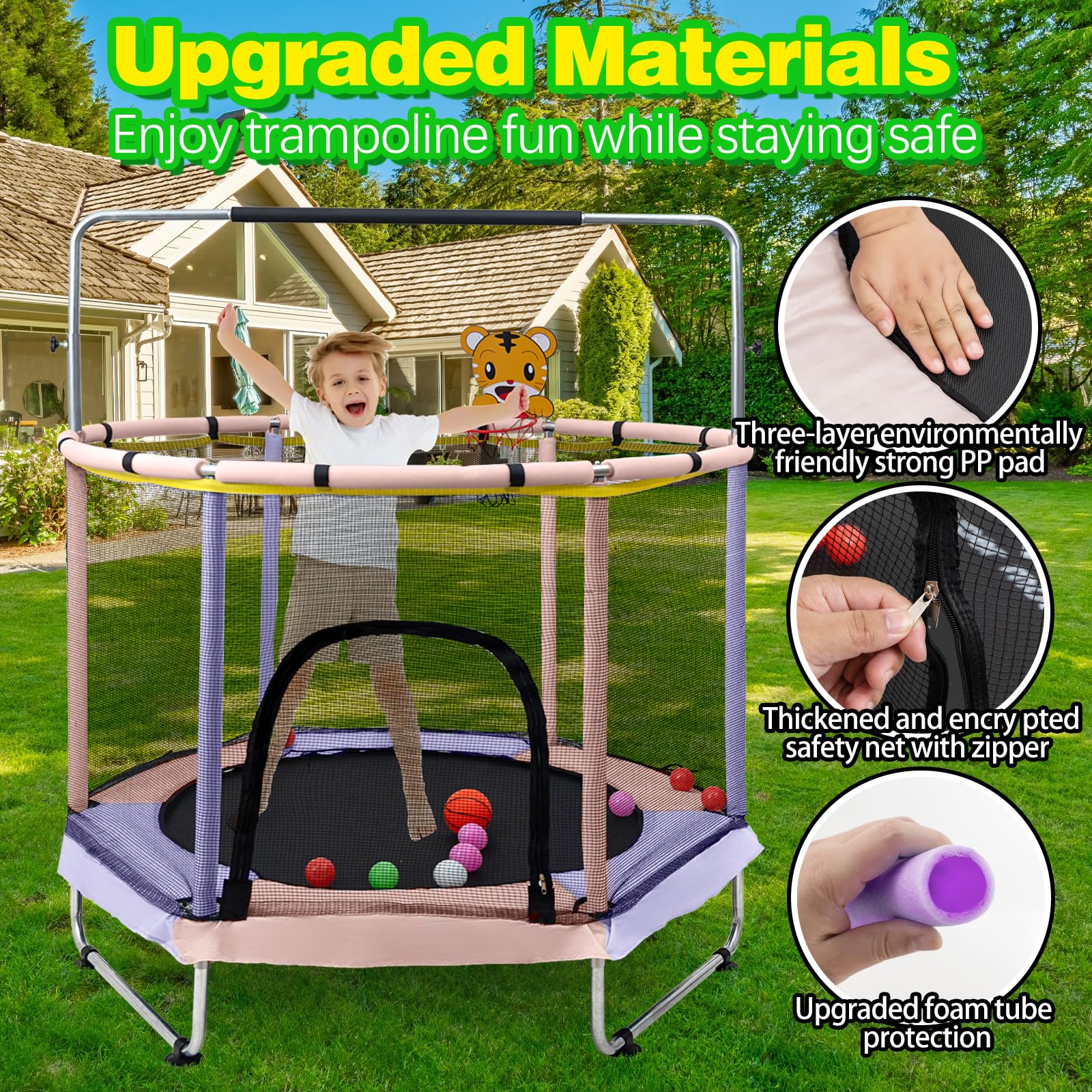 Trampolín para niños, 5 pies ajustable para niños pequeños, trampolín de bebé para interiores y exteriores con red de cierre, diseño seguro sin huecos, regalos para niños y niñas