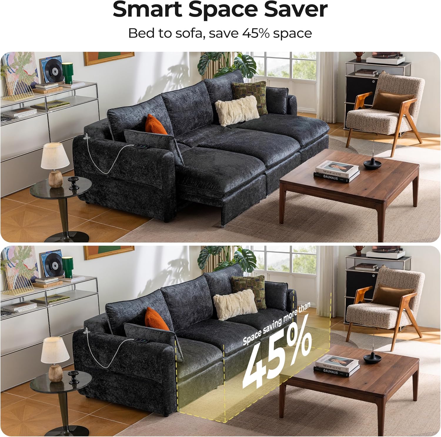 103" Electric Pull Out Sleeper Sofa Bed, 2in1 Convertible Power Extendable Couch Bed with Fast Charging USB&3 Smart Motor&Wide Back, Oversized Couches for Living Room&Small Space, Velvet Dark Grey | Electric Extendable, Stepless Adjustment, Fast-Charging Port, 10.2" Wide Backrest, Zero-Wall