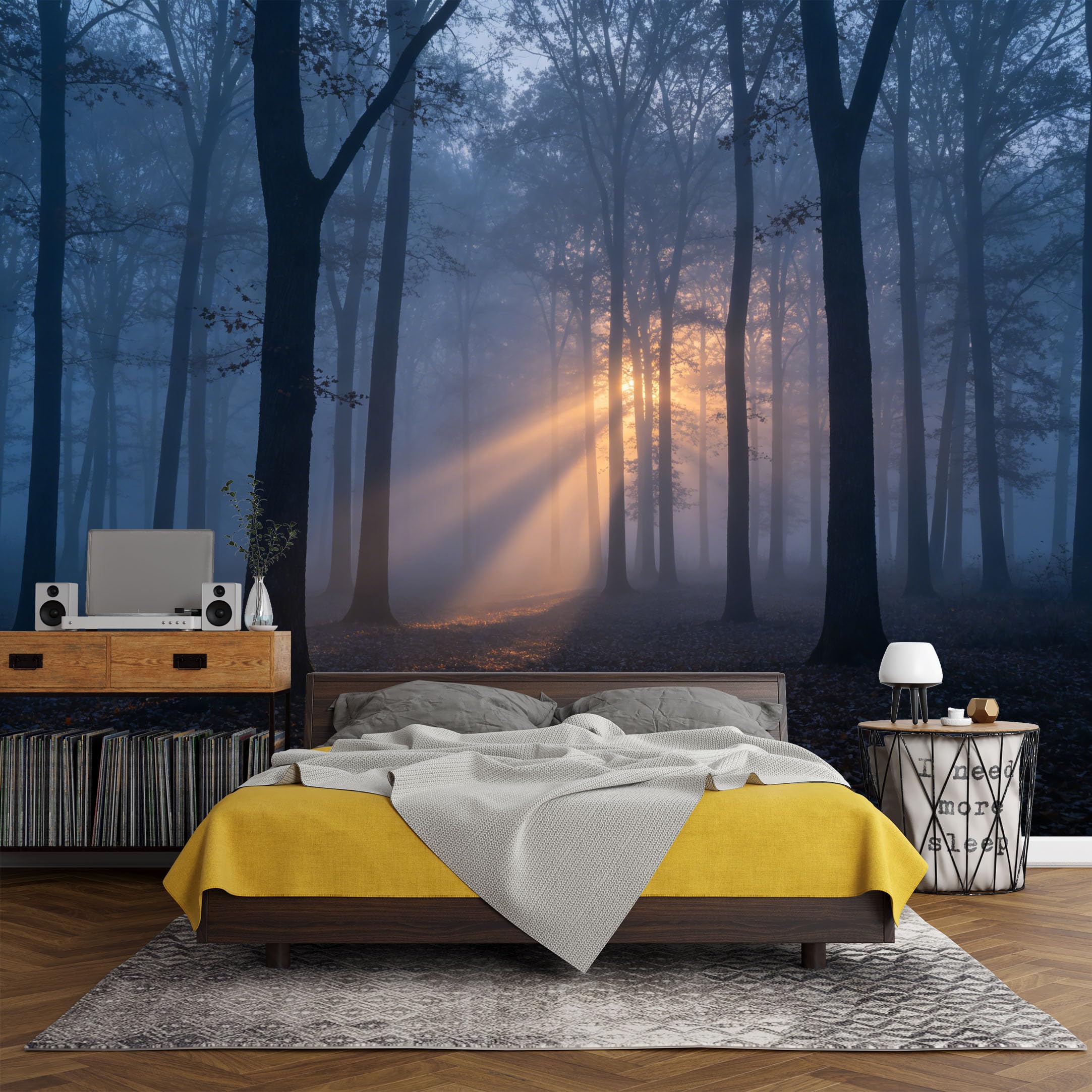 Custom Size Wall Mural， Forest Morning Mist Sunrise Rays Landscape Nature Foggy Woods，SelfAdhesive Art Prints wall Fabric (No PVC) Removable Wallpaper Living Room Decor