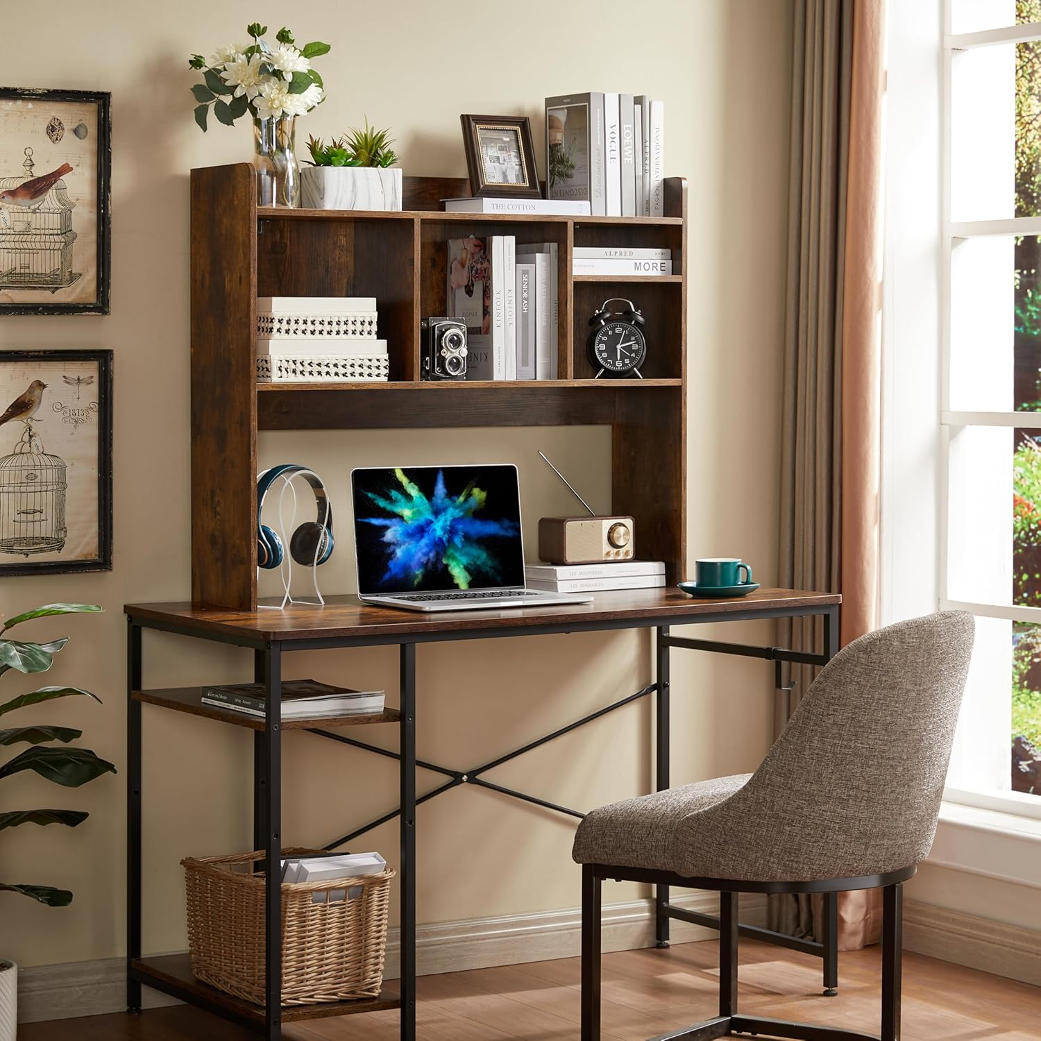 Nromant Desktop Bookshelf, Wooden Desk Storage Hutch with 6 Shelves for Computer Desk, 3-Tier Desktop Display Organizer Rack for Office Home (Brown)