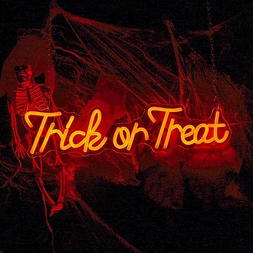 Letrero de neón LED de Halloween con texto en inglés "Trick or Treat", para Halloween, fiesta, bar, dormitorio, habitación de niños, decoración de