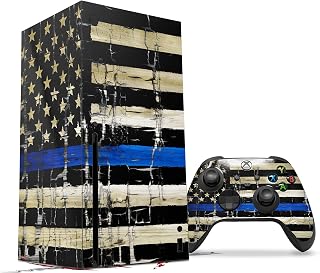 WraptorSkinz Skin Decal Vinyl Wrap compatible with the XBOX Series X Console and Controller - Painted Faded Cracked Blue Line Stripe USA American Flag (GAMING CONSOLE NOT INCLUDED)