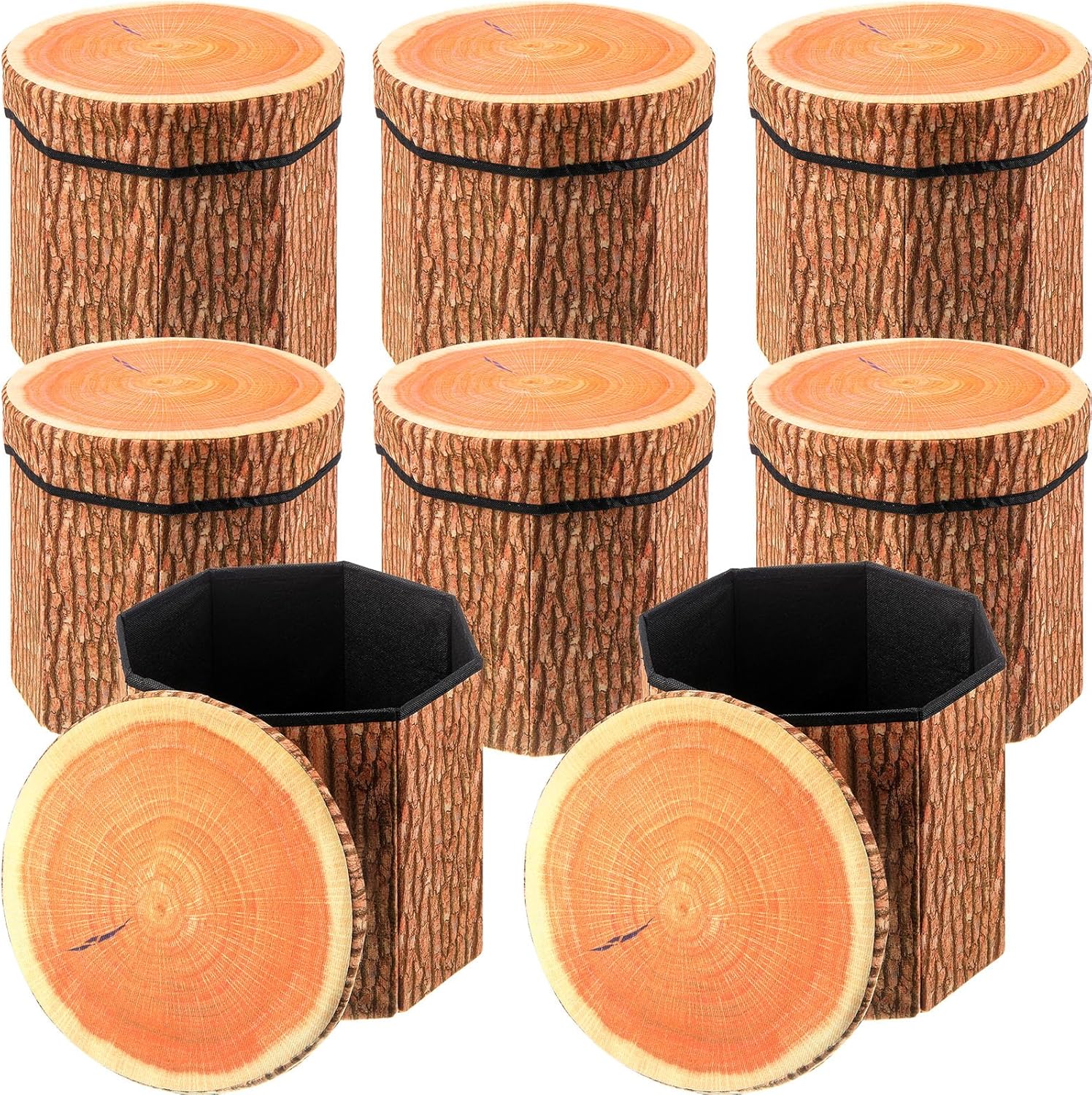 Amylove 8 Pack Tree Stump Storage Stool 12 x 12 Inch Stool Ottoman, Cute Folding Storage Box with Foam Cushion, Collapsible Seat Chest (Classic)