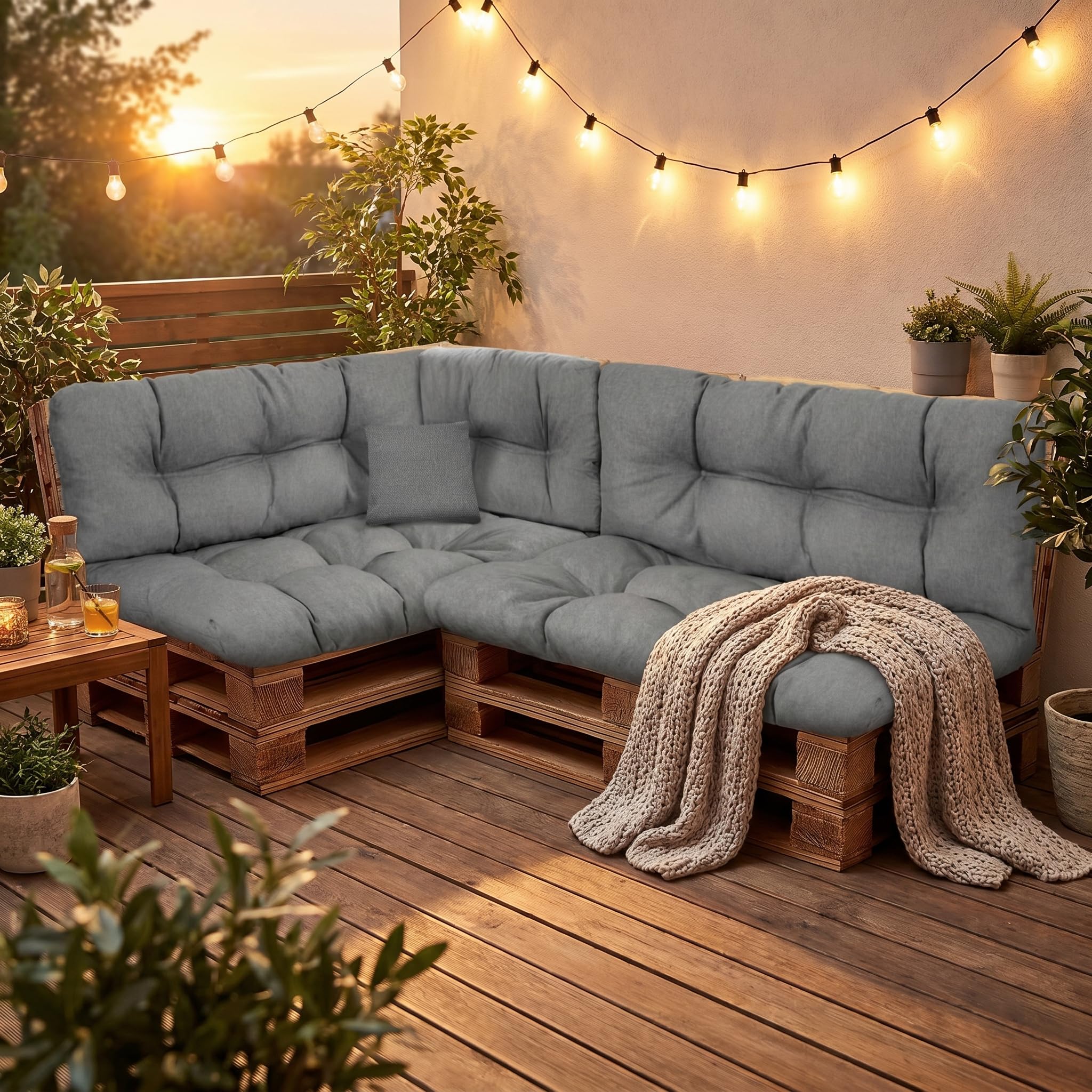 Wool & Home Palettenkissen Set für Gartenmöbel, 8-Teilig, Gesteppt, mit Polsterschaumfüllung, für Lounge, Palettensofa, Terrasse, Balkon und Garten Anthrazit