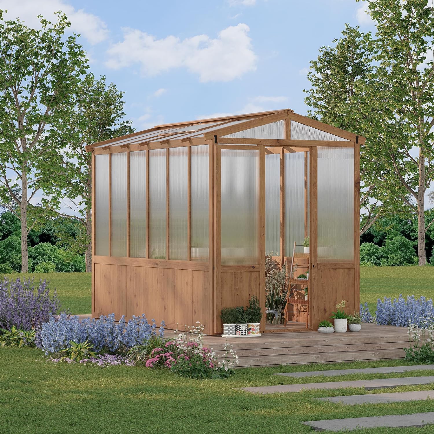 6x10FT Wooden Greenhouses for Outdoors, Wooden Walk-in Green House with Cedar Frame, Greenhouse Kit with 6MM Thick Polycarbonate Panel