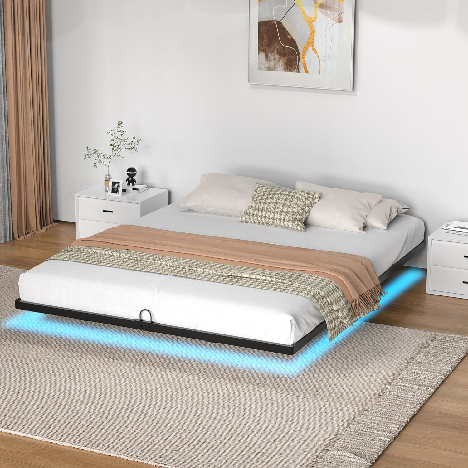 Floating Bed Frame with Smart LED Lights Metal Platform Bed Easy Assembly No Box Spring Needed (Queen)