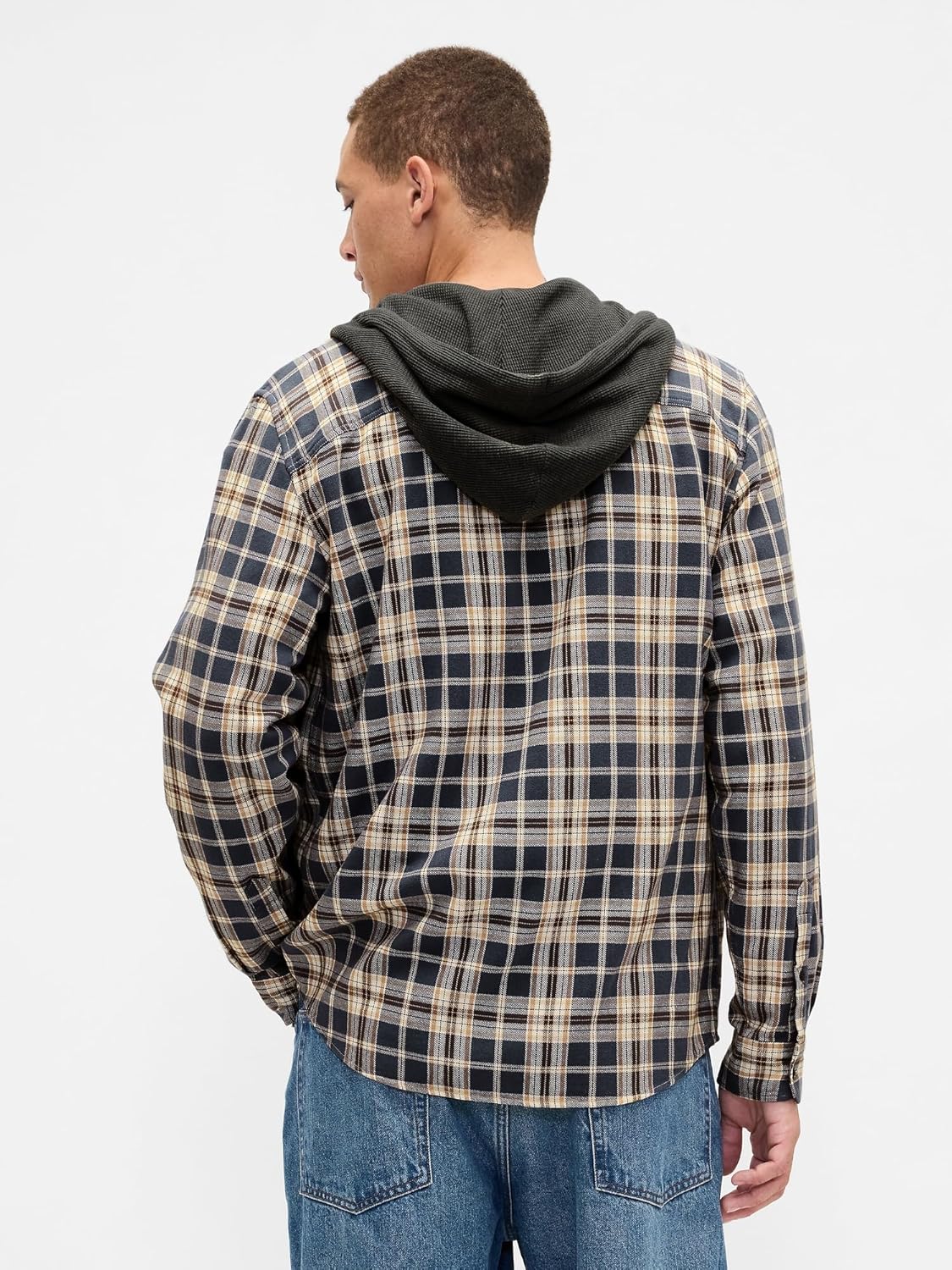 GAP Men's Long Sleeve Hooded Flannel Button-Down Shirt