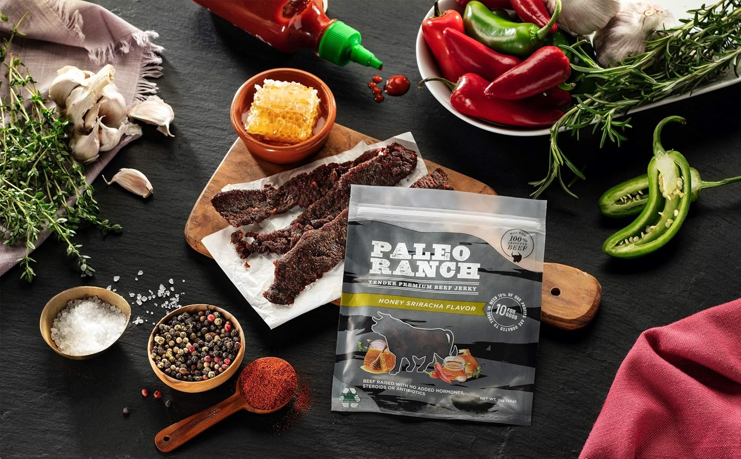 PALEO RANCH Grass-Fed Beef Jerky, All Natural, No Added Hormones, No Preservatives, 2-oz. Pouches, 8-Pack (Honey Sriracha)