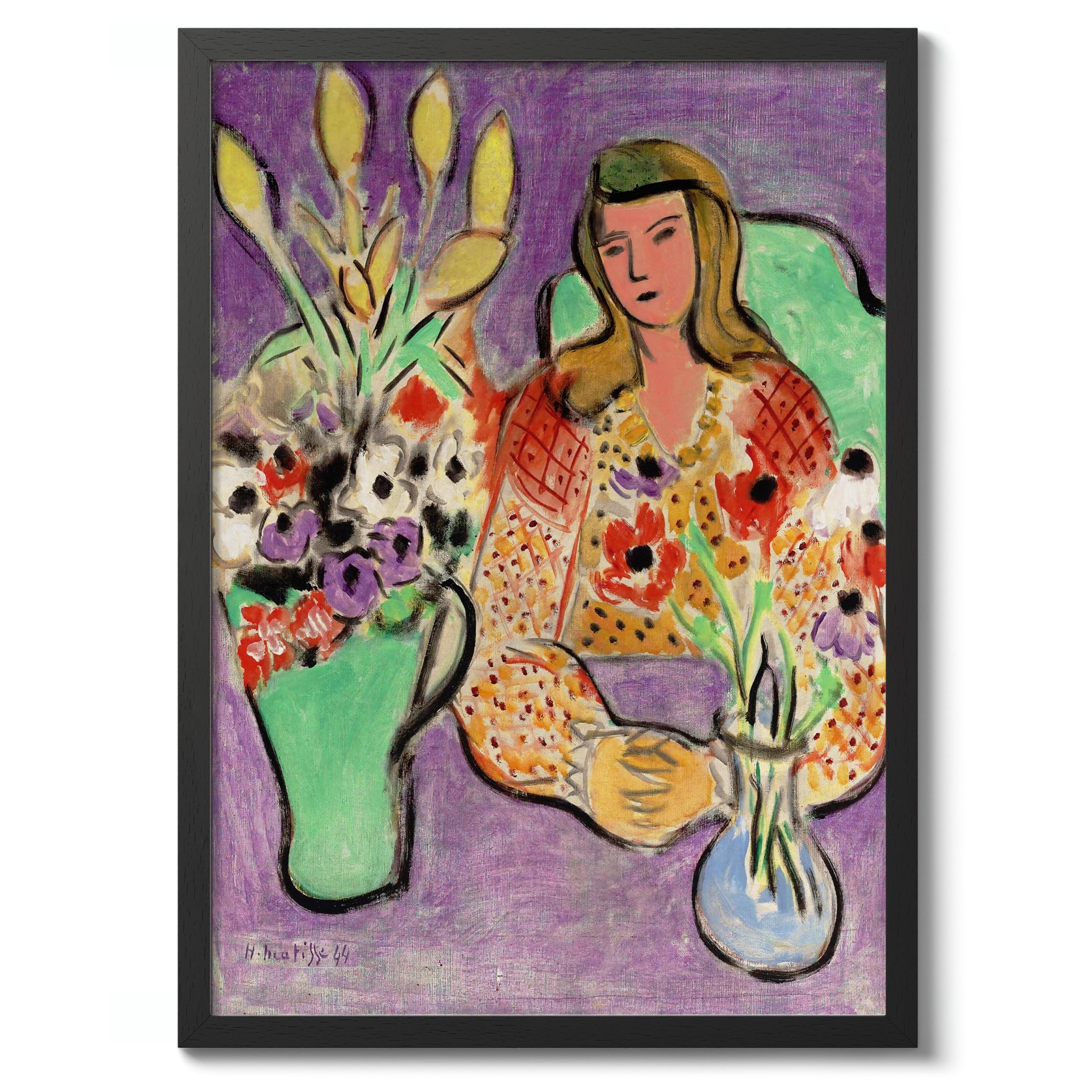 Young Woman With Anemones Henri Matisse Poster. Classic Art Painting Print, Art Exhibition Neutral Wall Art, Modern Minimalist Home Decor Picture, Archival Matte, A4 (Black Frame) - 29.7x21cm