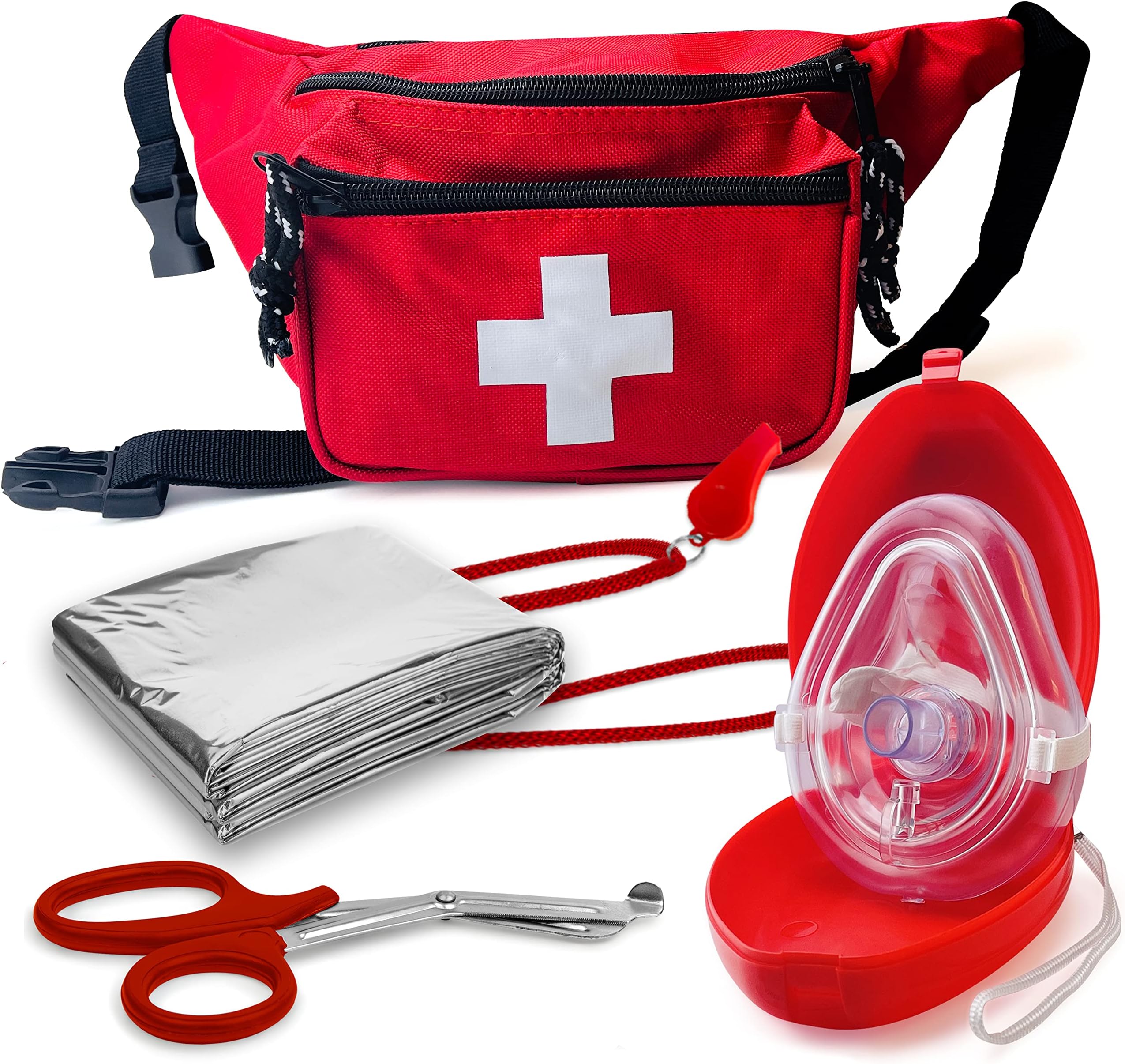ASA TECHMEDASA TECHMED Lifeguard Kit with Whistle, Baywatch Style 6 Pcs, Compact Emergency Fanny Pack Red, Beach Bag Ideal for Home, Outdoors, Car, Camping, Workplace, Hiking & Survival