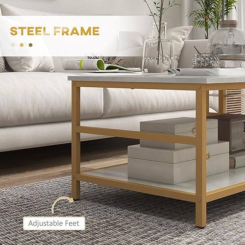 Miniatura 7 de HOMCOM Juego de 2 mesas auxiliares rectangulares y redondas de 2 Rier con estantes de almacenamiento, parte superior de mármol sintético y marco de