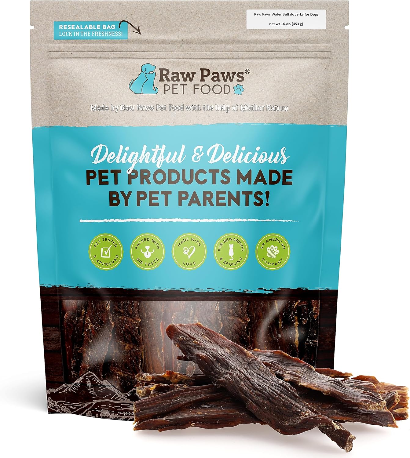 Raw Paws Water Buffalo Jerky Treats for Dogs, 16-oz - Packed in USA - Free-Range Pure Buffalo Meat - Beef Jerky Alternative - Treats for Dogs - Single Ingredient