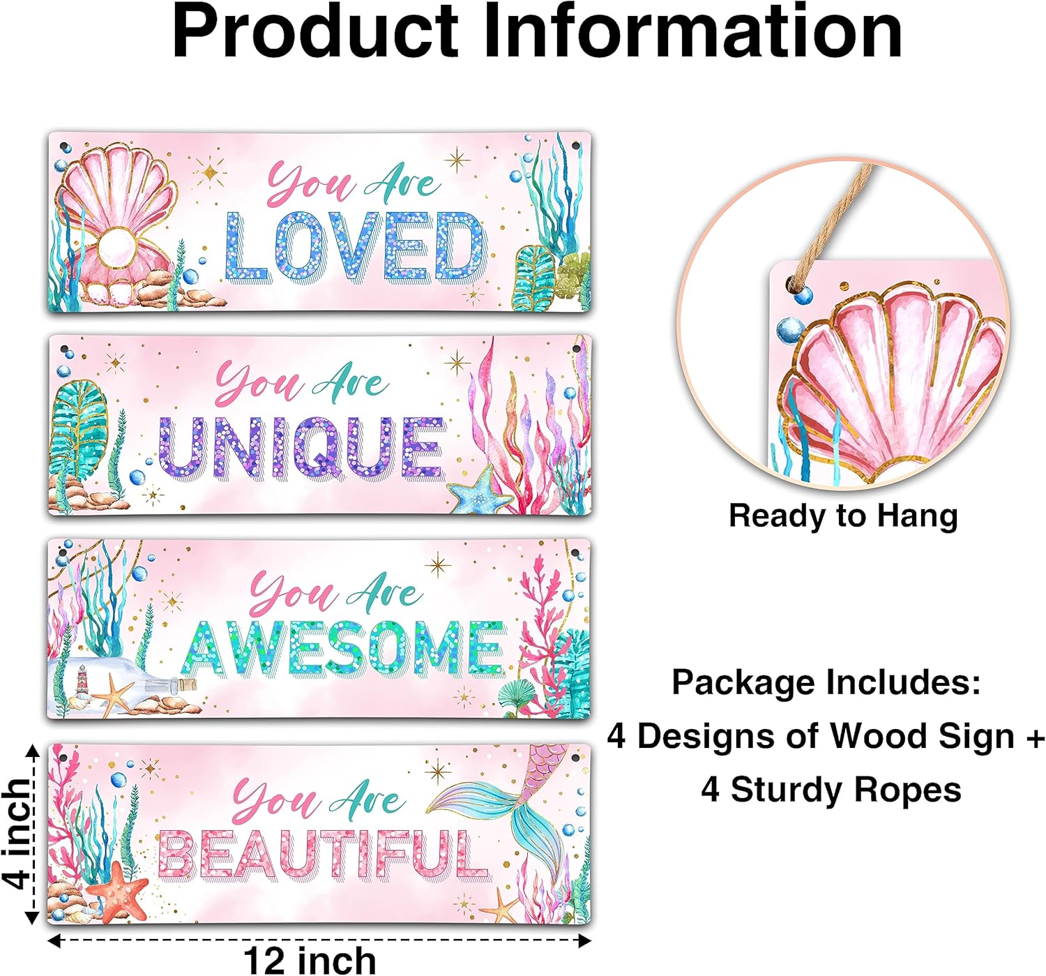 4 Pieces Mermaid Girls Bathroom Room Decor, 11.8" x 3.9" Under the Sea Wall Decor Wood Sign, Motivational Wall Art For Kids Room Nursery Playroom Classroom-A07