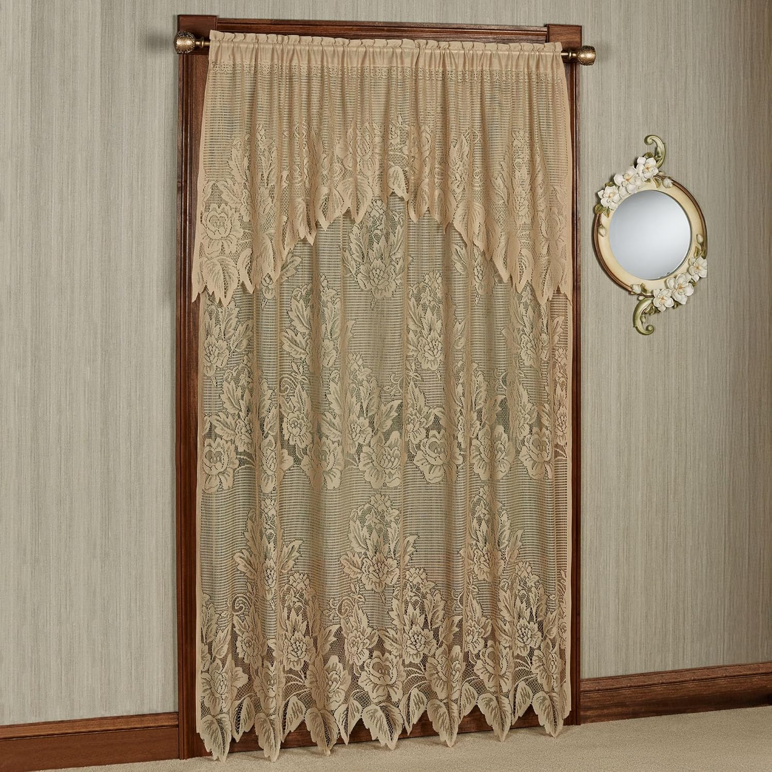 Hallie Lace Window Treatment | Vintage Antique Gold | Cottage Garden Magnolia Flower Lacy Designs with Scalloped Edges | Rod Pocket Drapery | Easy-Style 84L All-In-One Panel with Attached 24L Valance