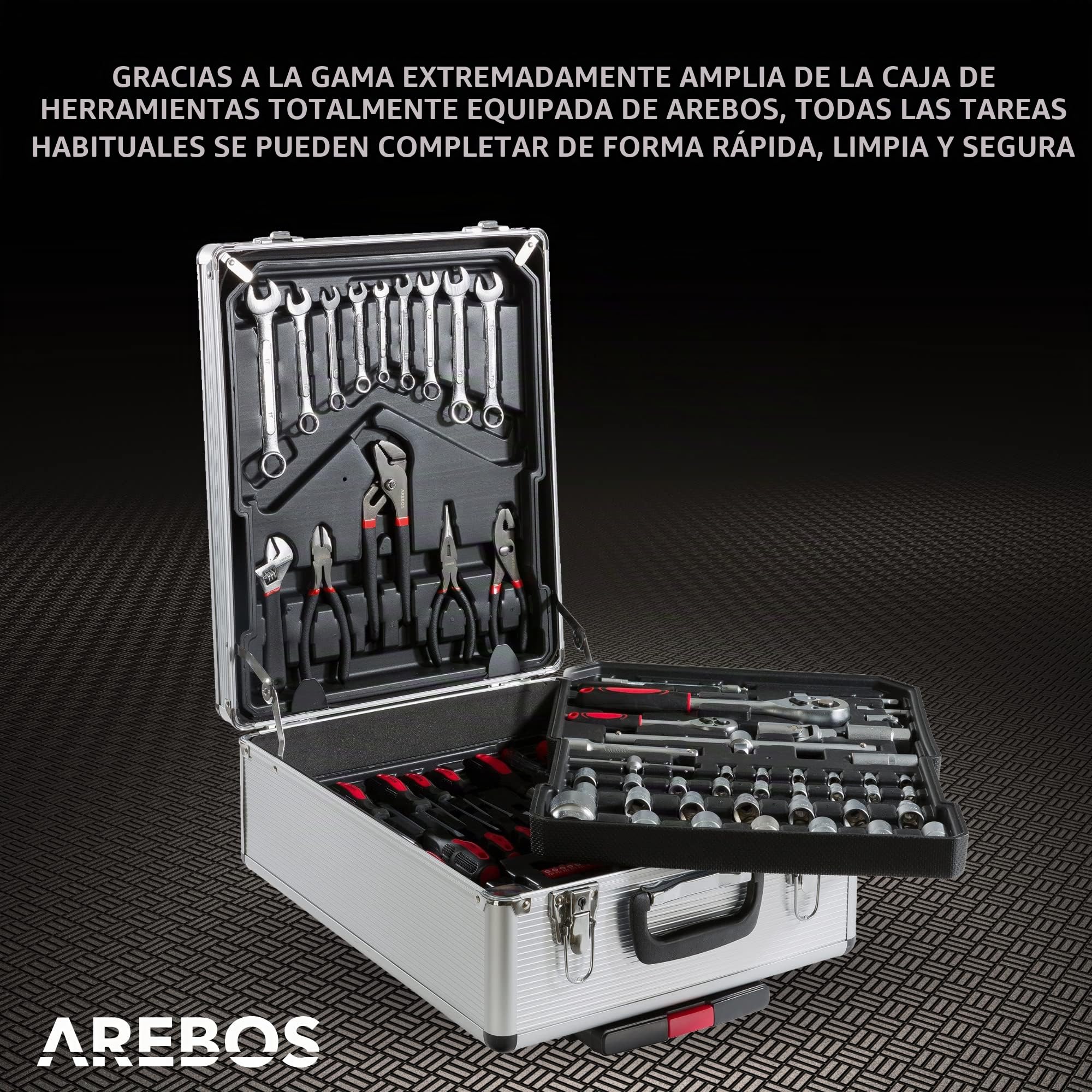 Arebos maletín de herramientas 1200 piezas | set completo con ruedas | maleta de transporte portátil | kit de herramientas profesional