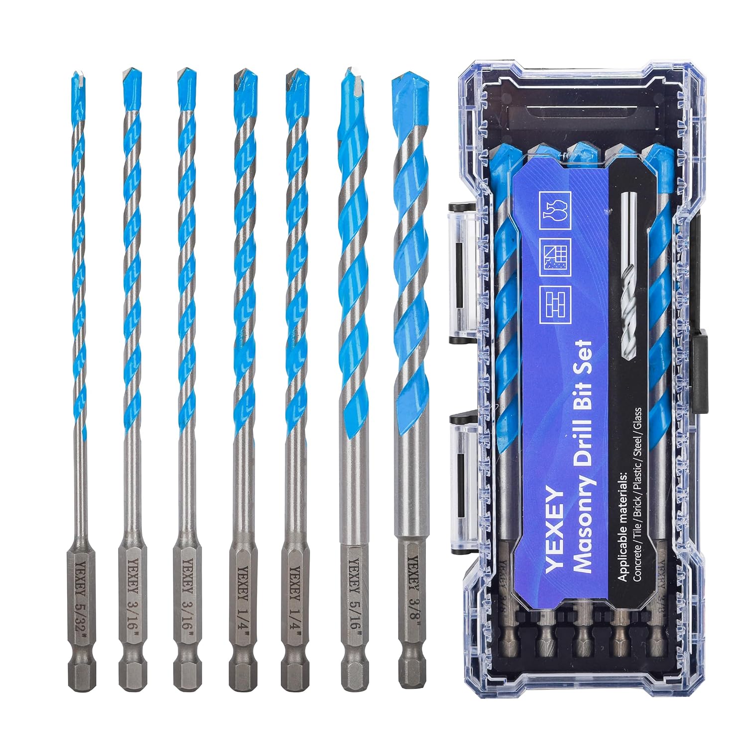 7PCS 5/32"-3/8" Masonry Concrete Drill Bit Set,Tungsten Carbide Drill Bit Tip,Hex Shank Drill Bits Set for Tile,Brick,Marble,Plastic,Cement,Wood,Glass etc.