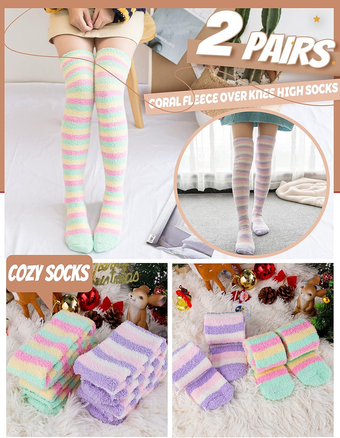 MOGGEI Womens Thigh High Fuzzy Socks Warm Winter Over Knee High Long Striped Fluffy Cozy Fleece Socks 2 Pairs - Image 3