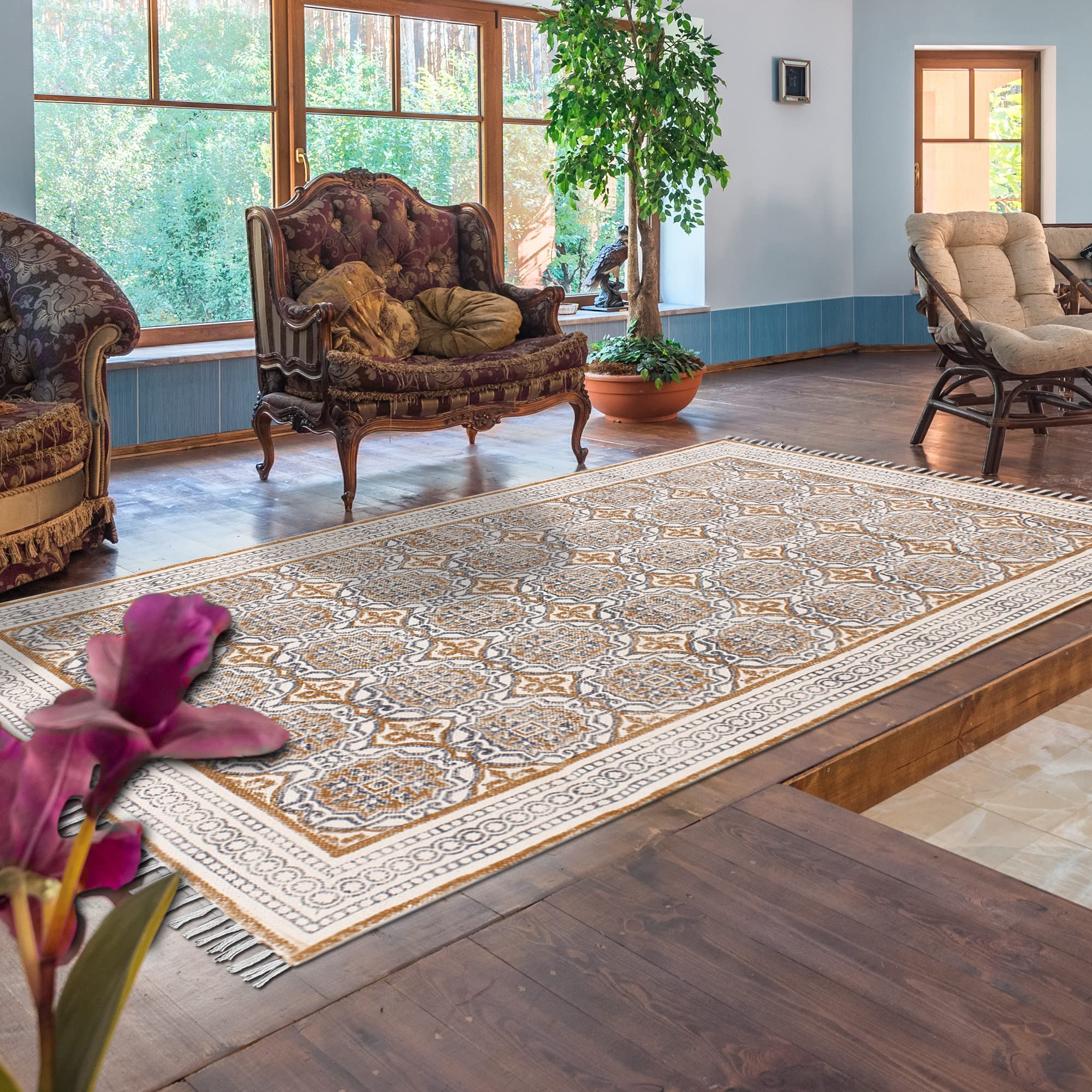 CASAVANI Collection Rechteckiger Teppich – 3 x 4,6 m, braun, Baumwolle, Dhurrie-Bordüre, Kelim-Teppich, für drinnen und draußen, Flachgewebe-Teppich, stark frequentierte Bereiche im Schlafzimmer