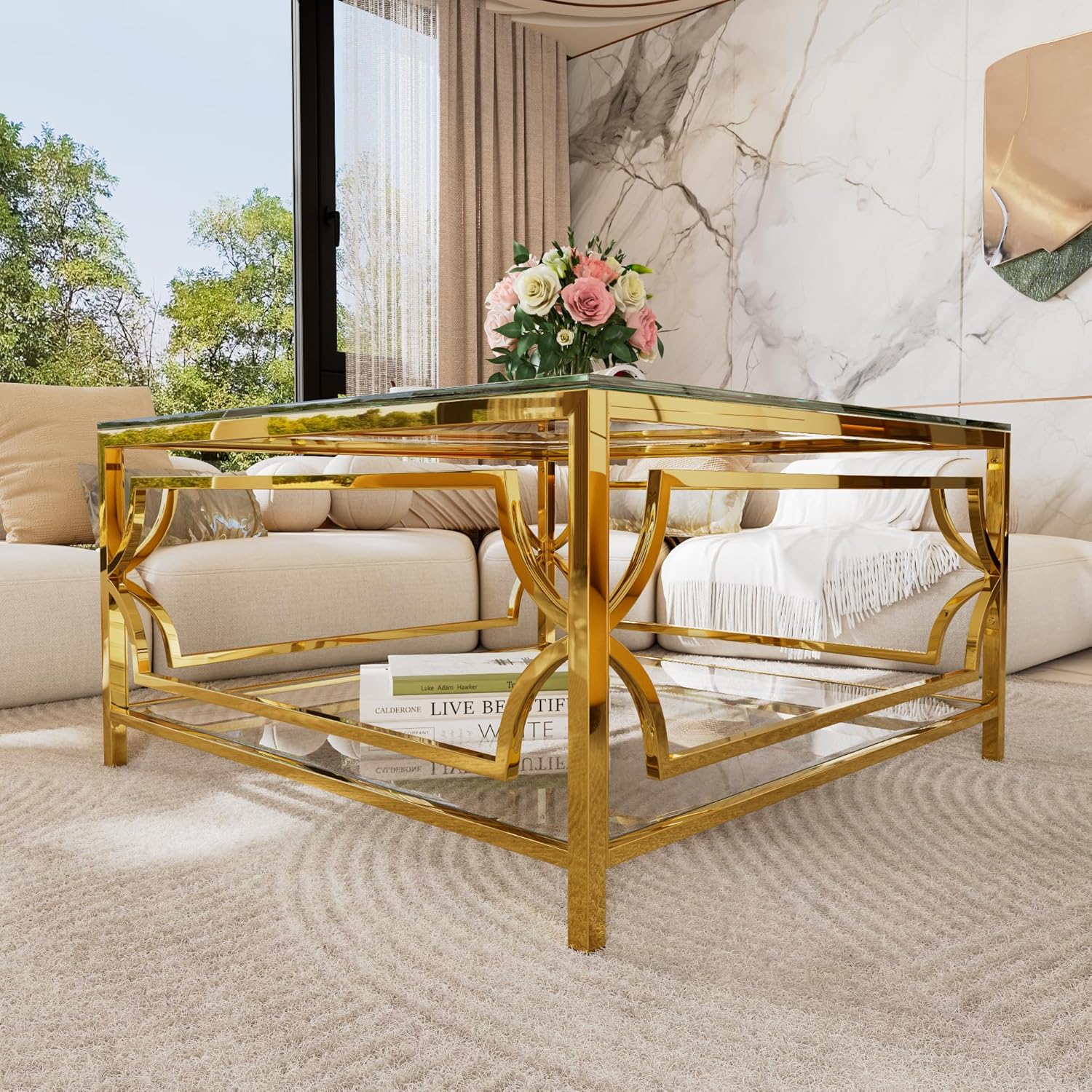 Gold Glass Coffee Table Square Modern Living Room Table, Luxurious Geometric Metal Frame with Tempered Glass Top Lower Shelf, 33.5" Sofa Center Table for Home Office, Clear