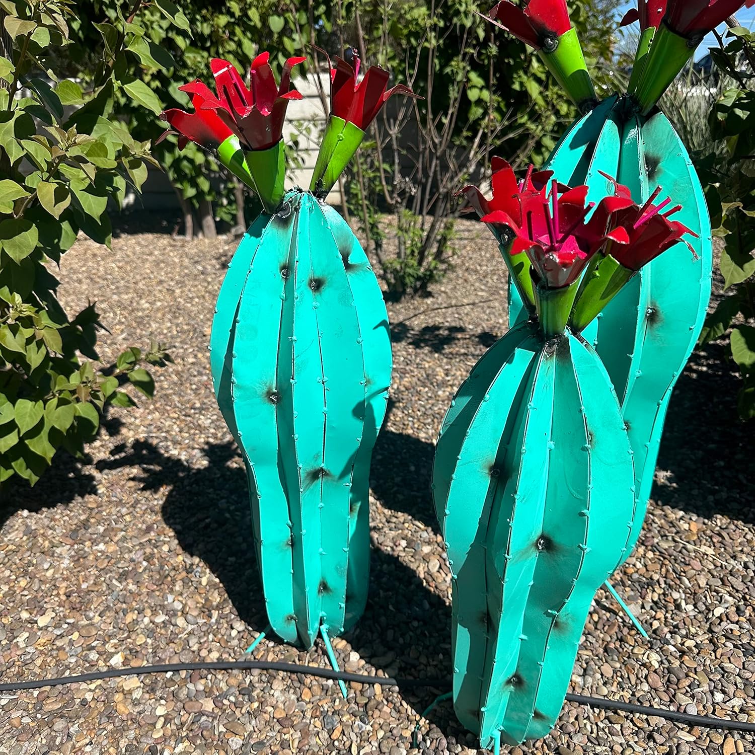 Handmade Metal Peanut Cactus with Flower - Garden Art (Turquoise (Set of 3))