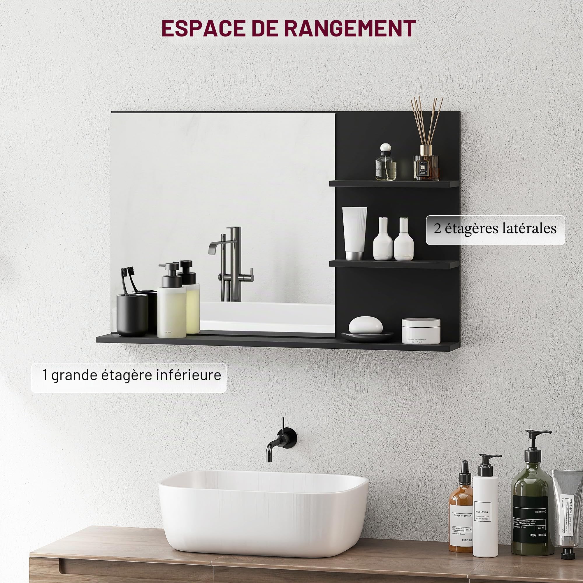 kleankin Miroir de Salle de Bain Moderne avec 2 étagères latérales et Une étagère inférieure, Miroir Mural en MDF et Verre, 75x10x48 cm, Noir