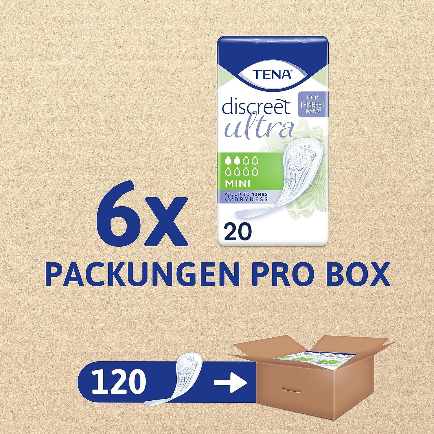 TENA Lady Discreet Mini Towels, for Light Bladder Weakness, Monthly Pack of 120 Incontinence Pads for Women