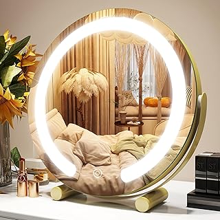 ROLOVE Gold Vanity Mirror, 12 Inch Lighted Makeup Mirror with Smart Touch 3 Colors Dimmable, Tabletop, 360° Rotation