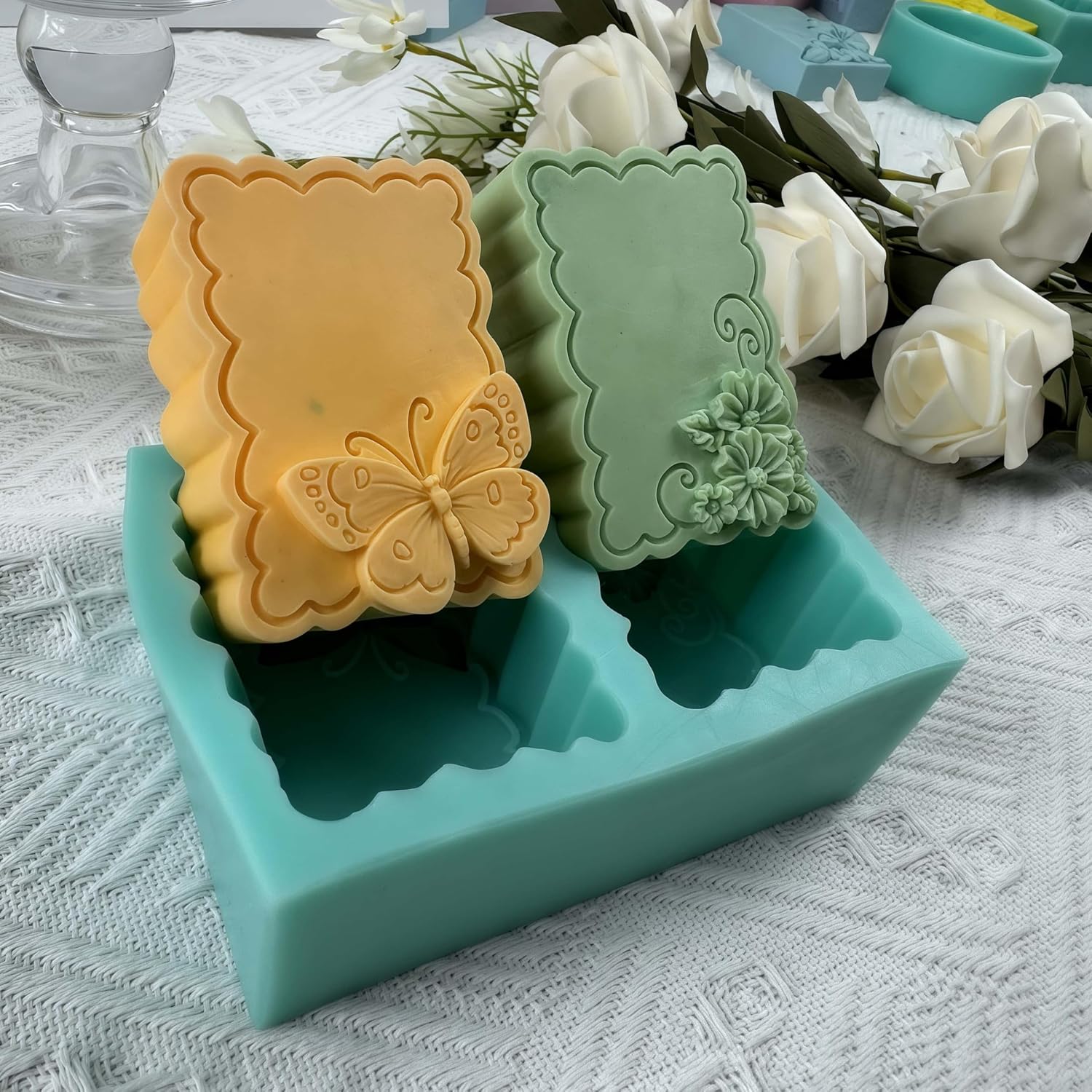 2 Cavities Butterfly&Flower Soap Mold, Handmade Silicone Mold for Making Soap,Candle,Wax,Mousse Cake,Aroma Plaster Diffuser,Epoxy Resin Craft