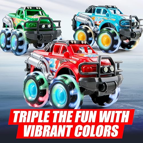 Miniatura 4 de Paquete de 3 camiones monstruos de juguete con ruedas LED intermitentes, autos iluminados para niños pequeños, regalo de cumpleaños para niños y
