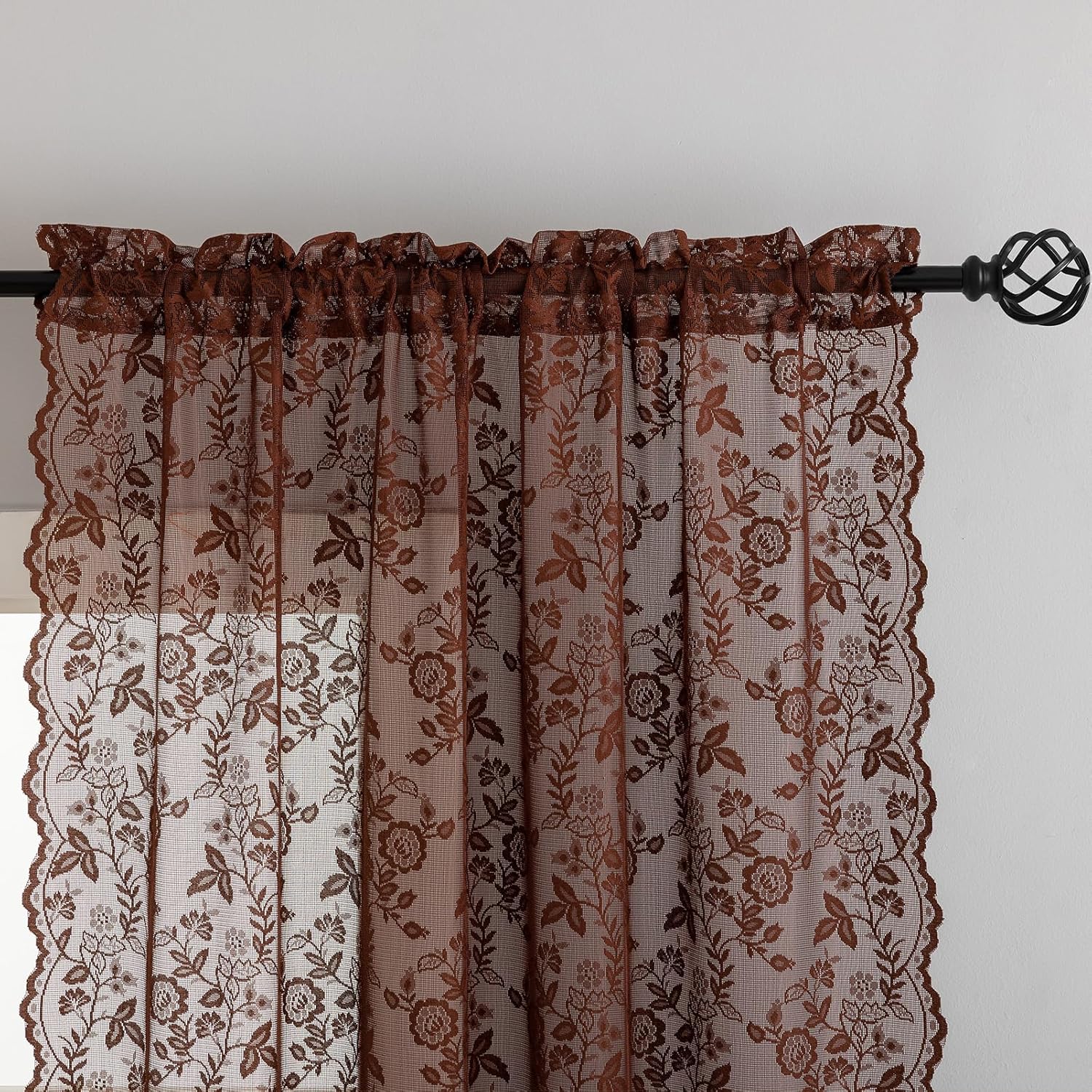 Chestnut Brown Lace Curtains 84 Inches Long, 2 Panels, 42W x 84L Inch, Country Leaf Floral Brown Colored Sheer Lace Curtains for Living Room, Rod Pocket Privacy Light Filtering Chocolate Curtain 7 FT