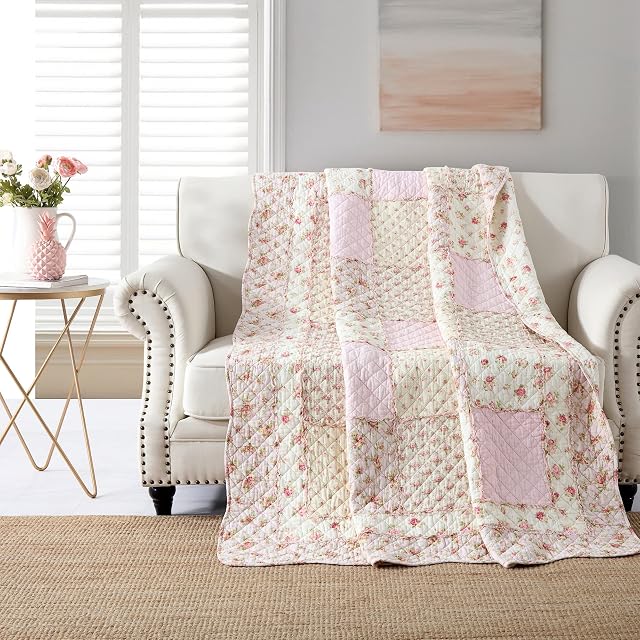 Qucover Single Bedspread Quilted Throw Soft 100% Cotton Pink Floral Patchwork Quilt 150x200 cm Decorative Sofa Couch Coverlet