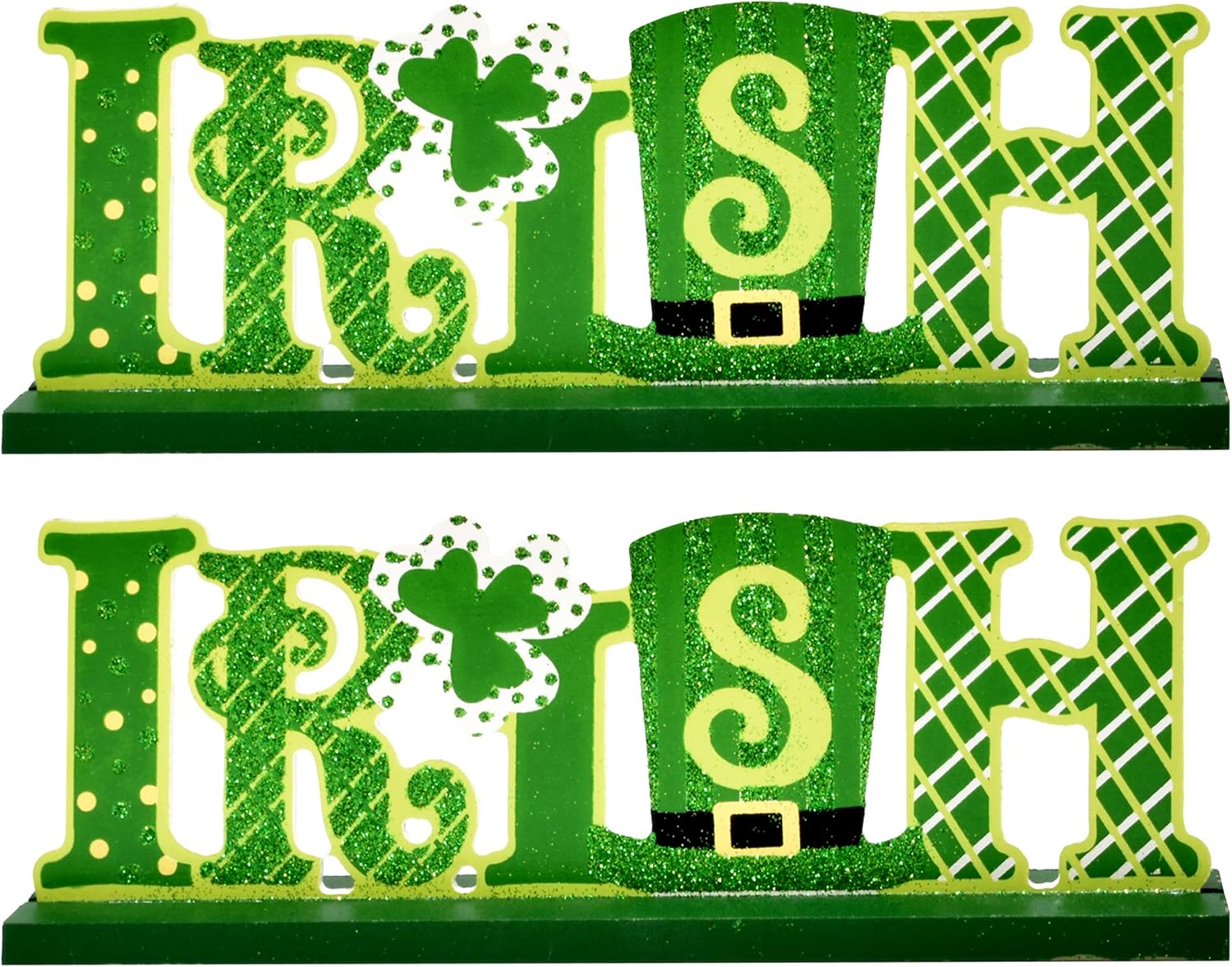 Gift Boutique 4 St Patrick's Day Wooden Decorations for Table Topper Decor Glitter Shamrock Lucky and Irish Wood Home Figurines Saint Patrick Centerpiece for Office Desk Shelf Mantle Party Tabletop