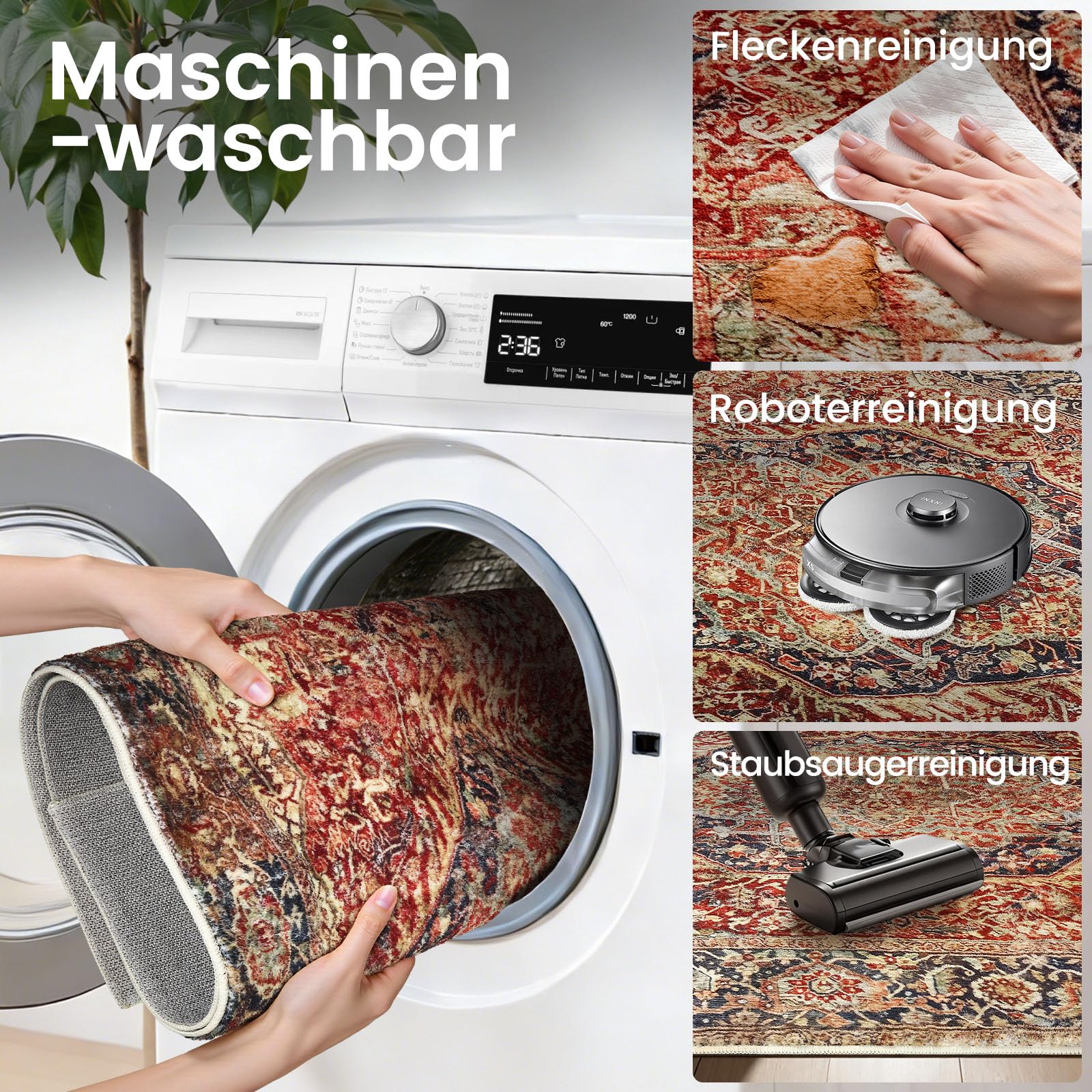 Vintage Teppich Wohnzimmer 160x230 cm Waschbar, Braun/Mehrfarbig | Rutschfester Groß Retro Rugs for Living Room, Kurzflor Weich Carpet für Schlafzimmer, Esszimmer, Büro