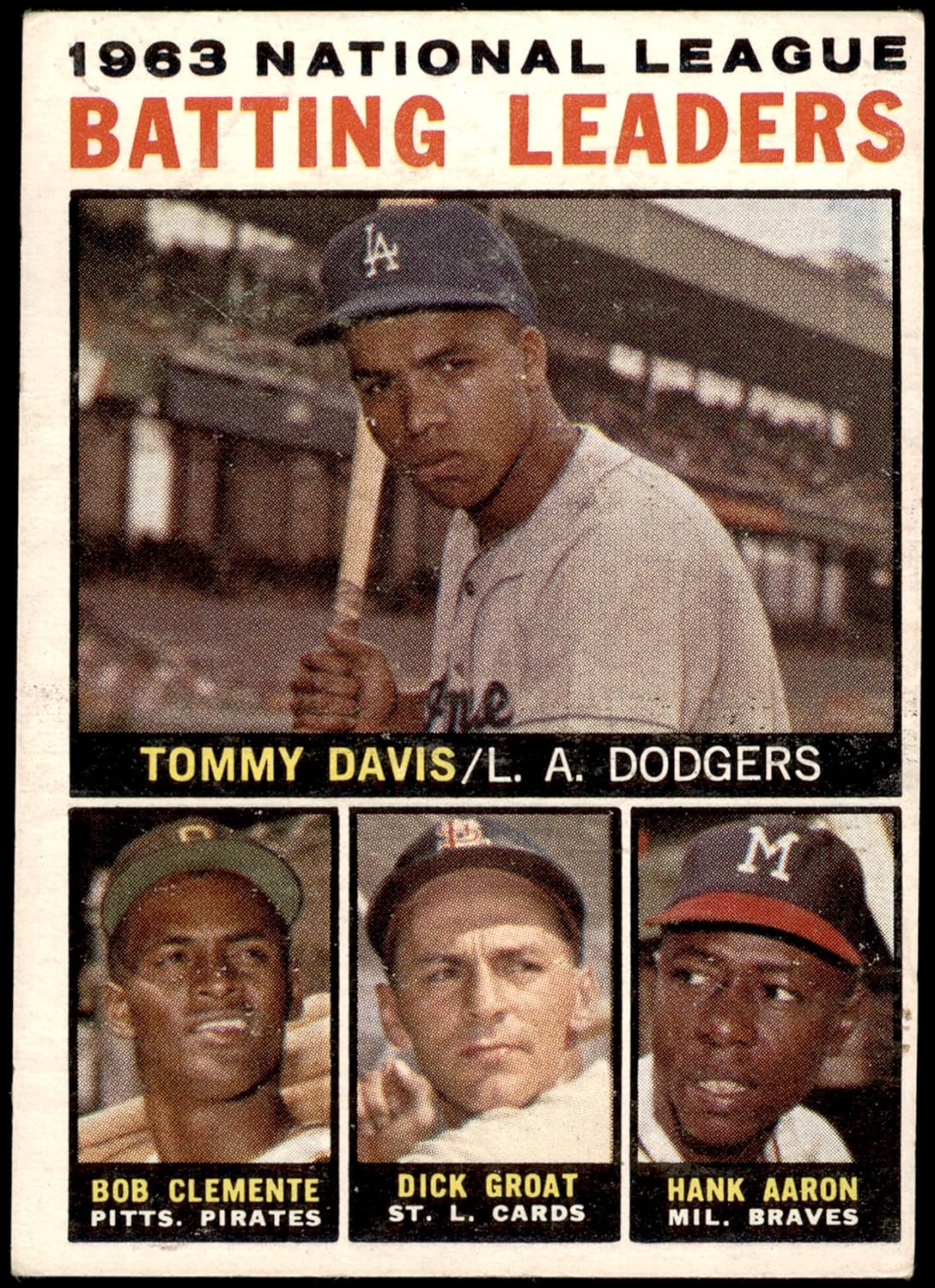 1964 Topps #7 Tommy Davis/Roberto Clemente/Dick Groat/Hank Aaron NL Batting Leaders EX/NM Los Angeles Dodgers/Pittsburgh Pirates/St. Louis Cardinals/Milwaukee Braves Baseball