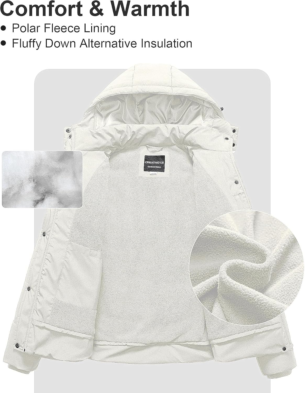 CREATMO US Women's Plus Size Warm Puffer Jacket Waterproof Fleece Lined Winter Coat with Removable Hood - Image 3