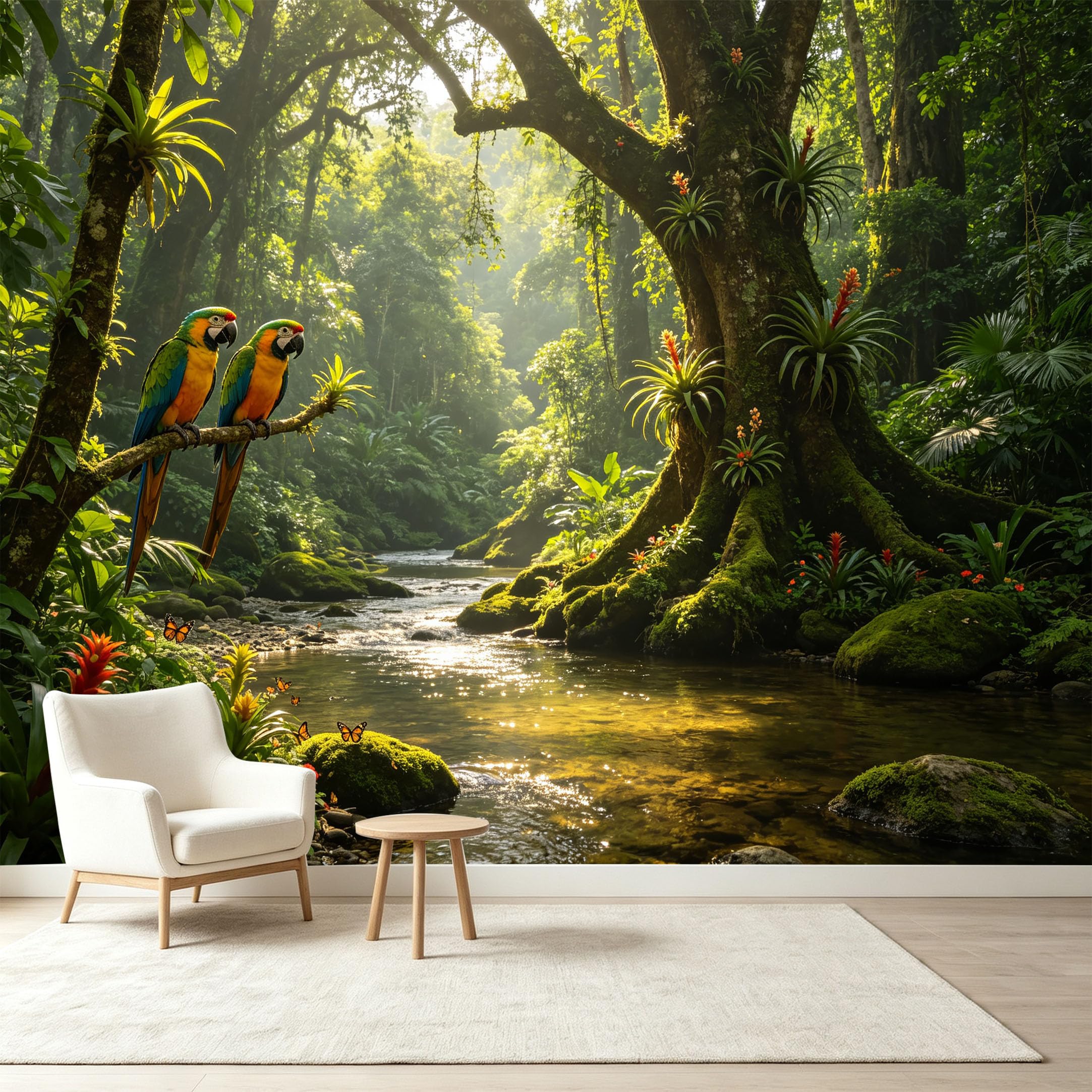Custom Size Wall Murals Tropical Jungle Rainforest Macaw Parrot River Landscape Self-Adhesive Wall Fabric Removable Wallpaper Wall Decor for Living Room Bedroom Bathroom