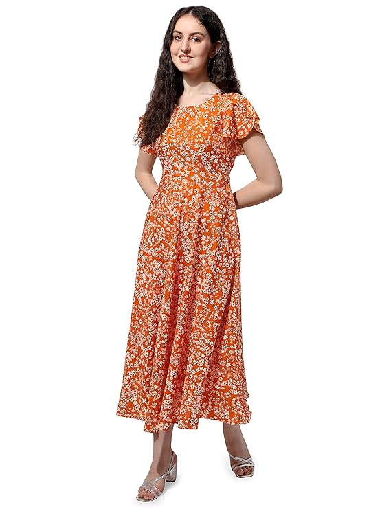 OOMPH! Dress for Women Stylish | One Piece for Women Long | Trendy Long One Piece Summer Outfit | Lightweight Flared Maxi Dress for Casual & Holiday Wear – Orange