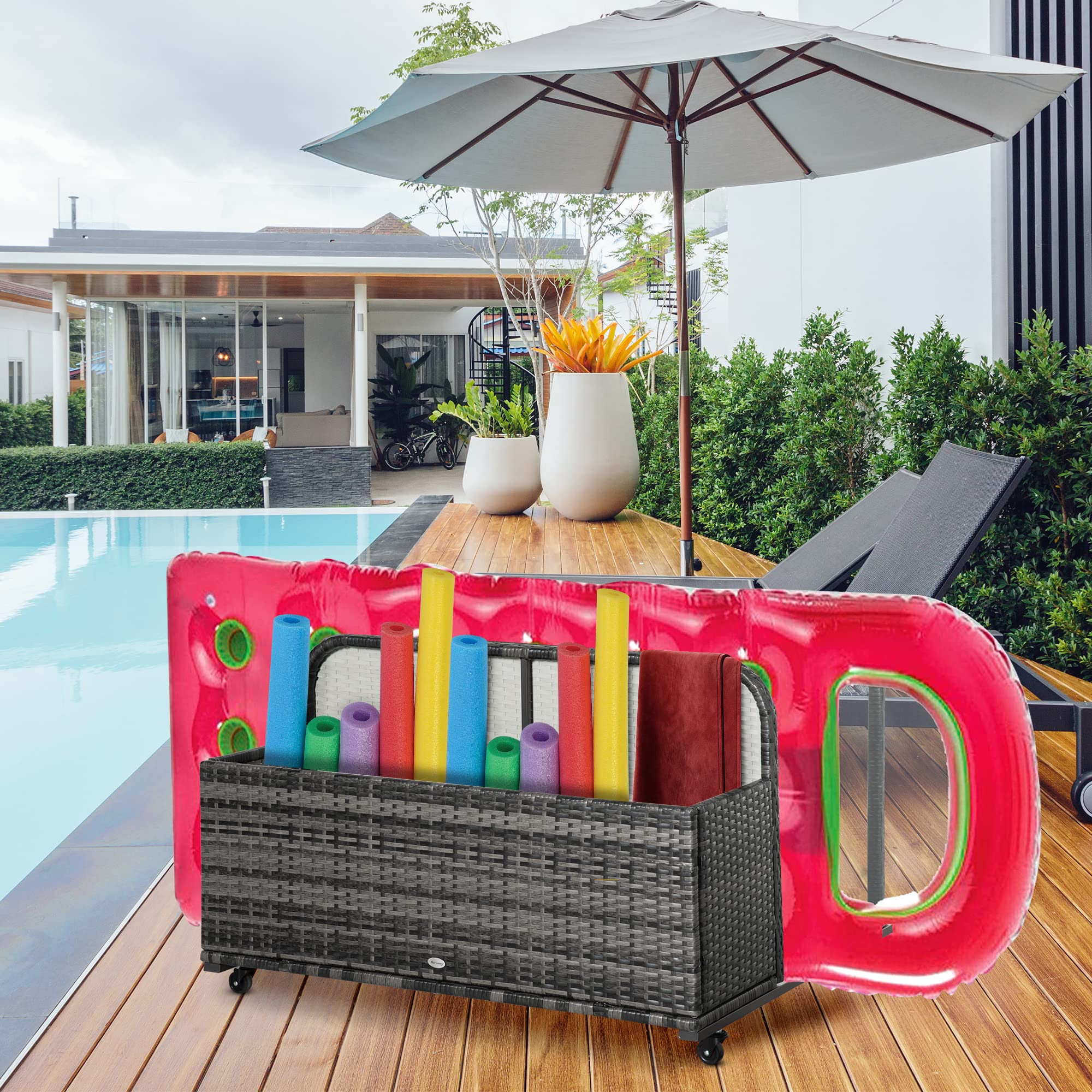 TATIVALO Boîte De Rangement Piscine 122 × 78 × 88 Cm - Grand Panier Filet Avec Roulettes Pour Jouets Et Accessoires - Noir