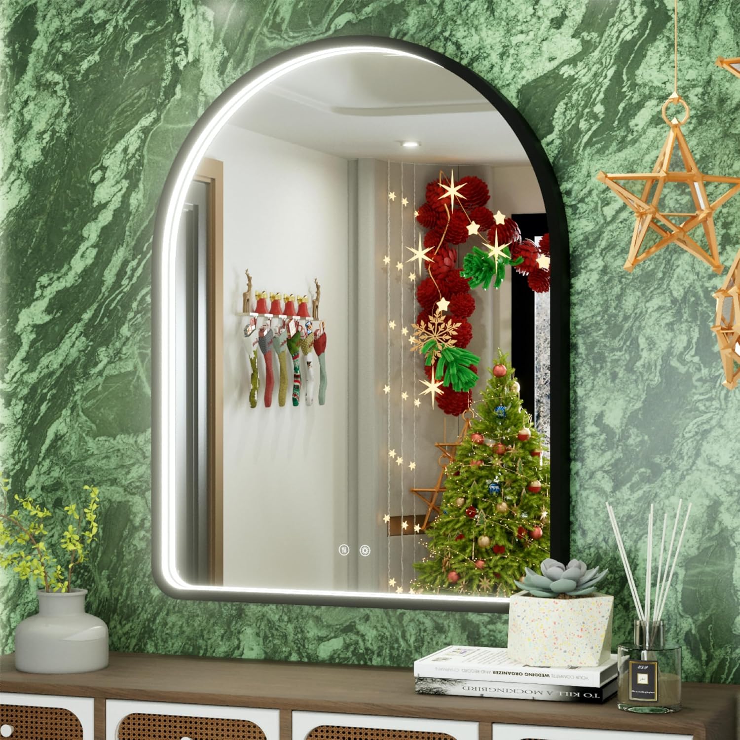 40x30 Inch LED Bathroom Mirror with Lights, Adjustable 3000K/4500K/6000K, Arched Black Frame Lighted Bathroom Vanity Mirror, Anti-Fog, Dimmable, Wall Mounted