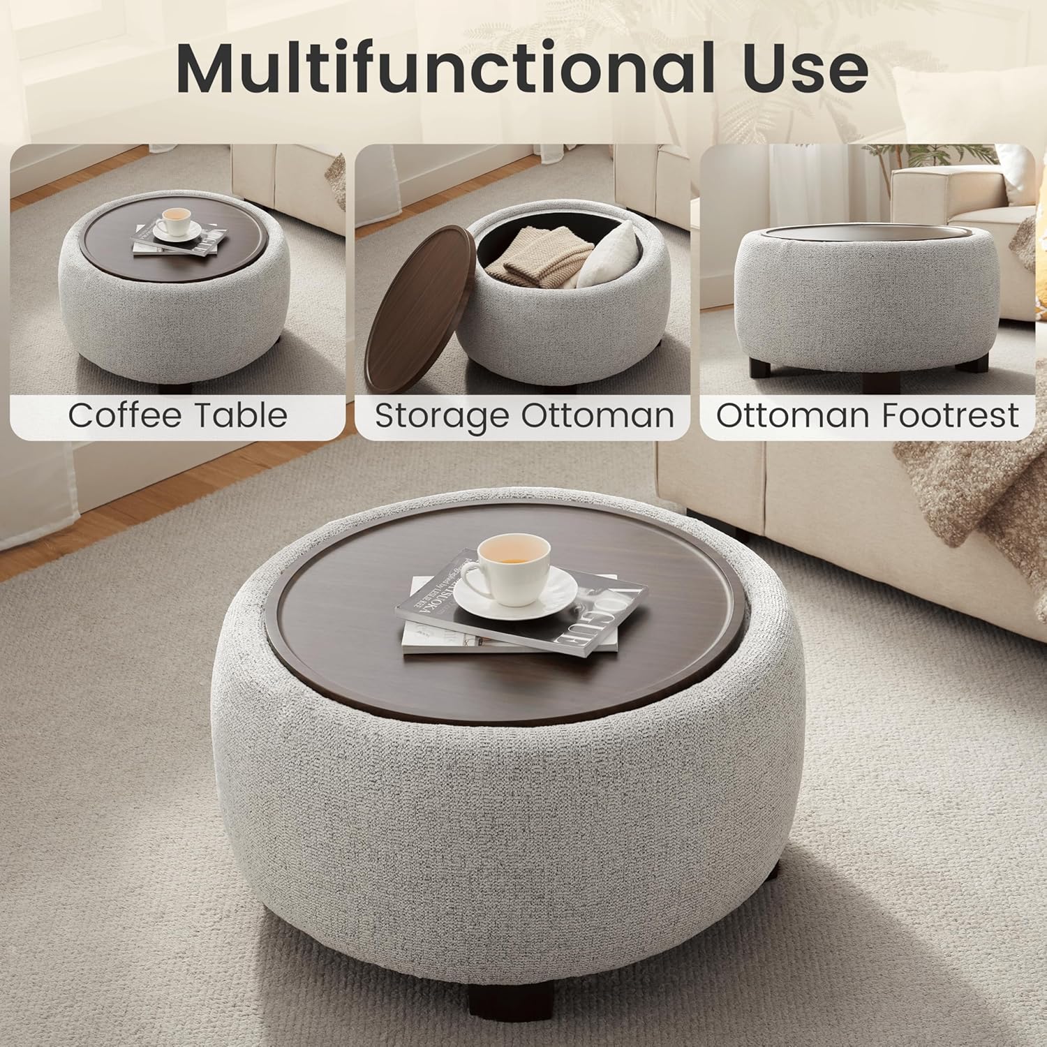 VKNOW 30" Round Ottoman with Storage, Modern Upholstered Ottoman Coffee Table with Removable Wood Top and Solid Wood Legs for Living Room, Bedroom, Apartments,Beige