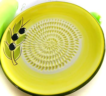 BonCera, All-in-one Premium Ceramic Garlic Grater Plate 4-Piece Set - Yellow Olive Design, Classic Style - For Garlic, Ginger, Chocolate, and more! - with 5.25" Plate, Peeler, Brush, and Stand