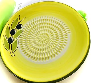 All-in-one Premium Ceramic Garlic Grater Plate 4-Piece Set - Yellow Olive Design, Classic Style - For Garlic, Ginger, Chocolate, and more! - Comes with 5.25" Plate, Peeler, Brush, and Stand