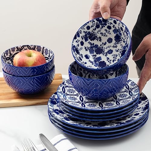 Miniatura 5 de LEHAHA Juego de vajilla de porcelana moderna de 12 piezas, servicio para 4, juegos de platos y cuencos de cerámica, cena de cocina, ensalada, plato