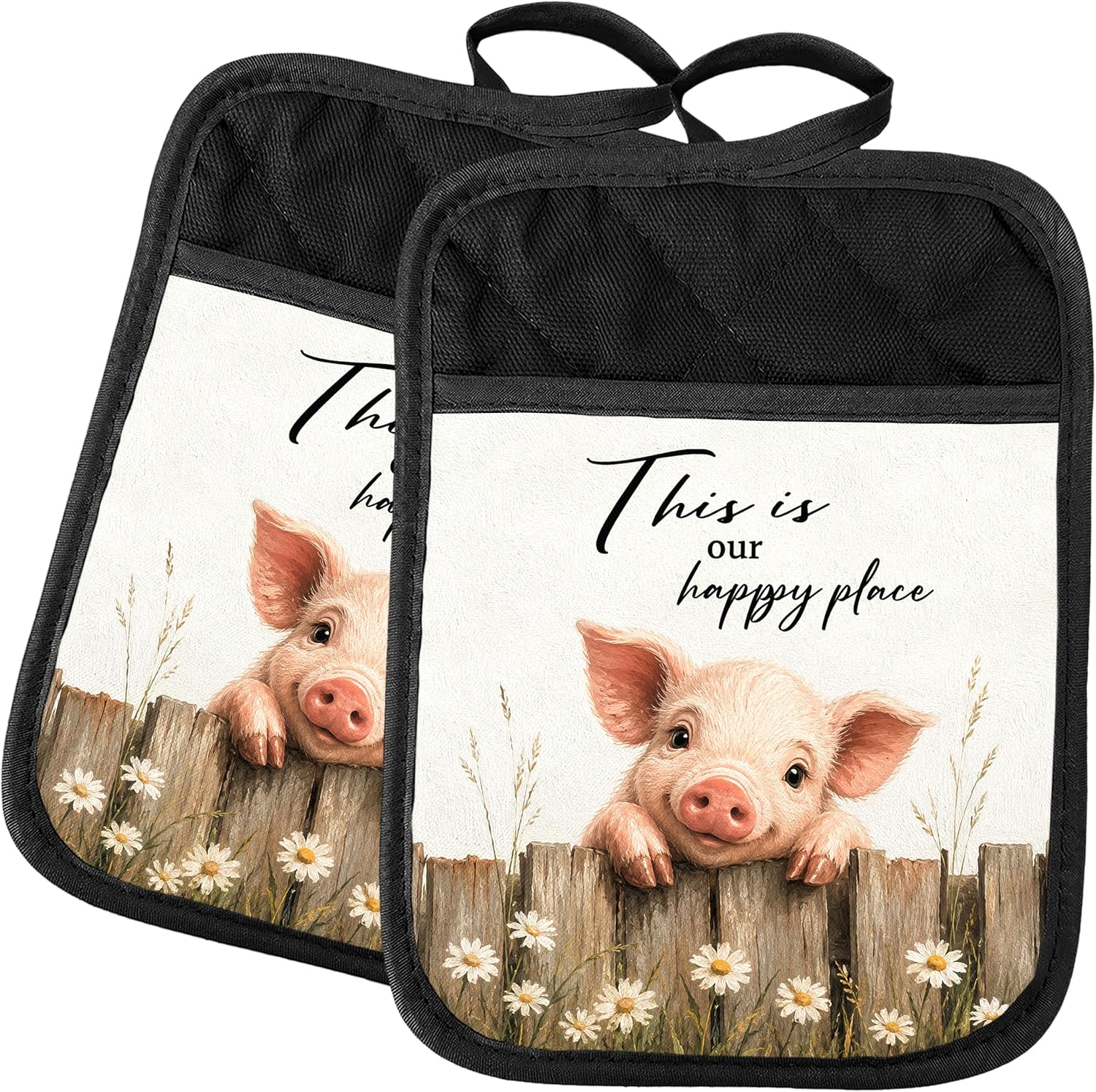 Farmhouse Daisy Highland Cow 2 Pcs Pot Holders with Pocket, Highland Cow Gifts for Women, This is Our Happy Place Heat Resistant Potholders Hot Pad for Kitchen Baking Cooking