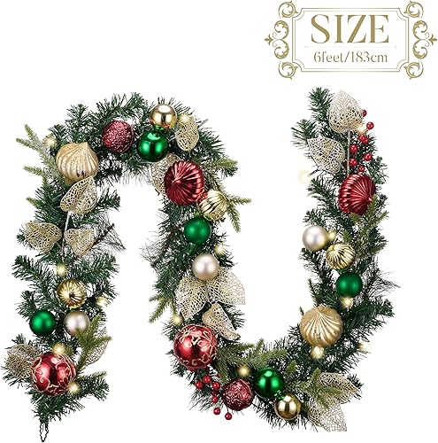 Miniatura 6 de Valery Madelyn Guirnalda de Navidad preiluminada con luces para repisa, guirnalda de Navidad iluminada de 6 pies con bolas rojas verdes y doradas