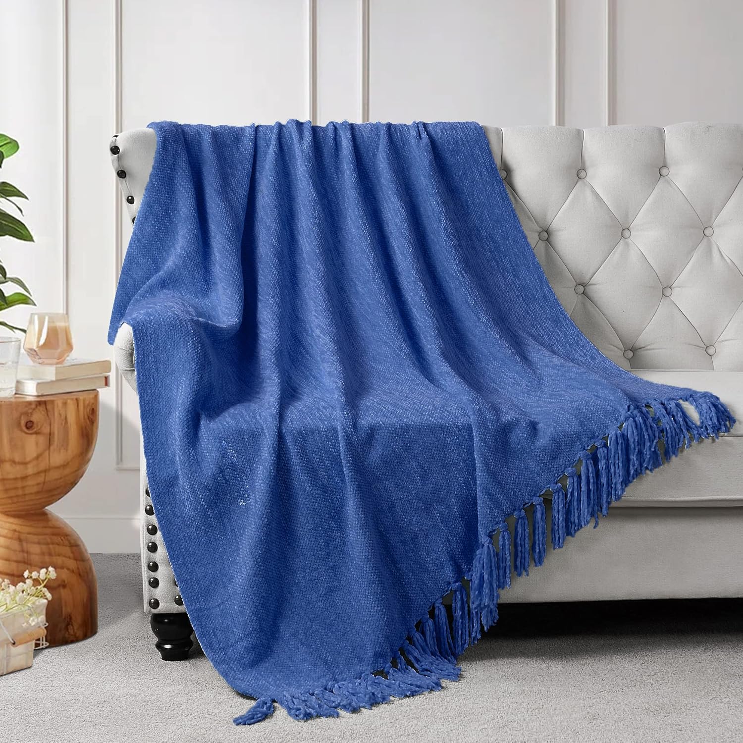 Home Soft Things Blue Crystal Chenille Throw Blanket,Lapis Blue, 50''x60'', Lightweight Soft Cozy Blanket with Fringe Accent Decorative Knitted Throw for Living Room Bedroom